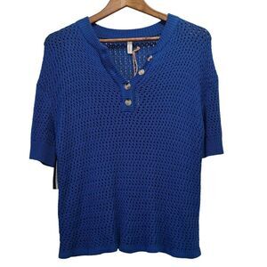 Wishlist Womens Top Blue Open Knit with Buttons Blouse Size Small